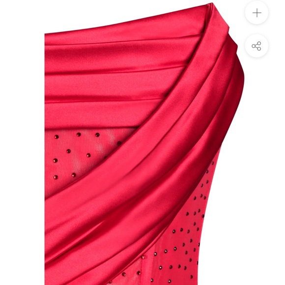 RED SATIN GOWN 💃 w/ RED CRYSTALIZED CORSET TOP & high side slit in leg - Picture 7 of 8